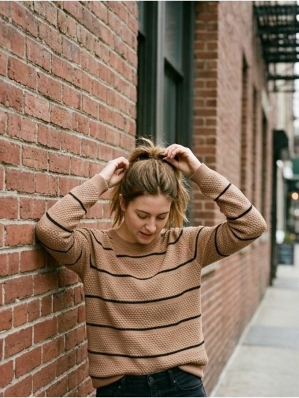 🐪 Chico's Bubble Knit Sweater | Striped Camel Tan & Black | Size 4